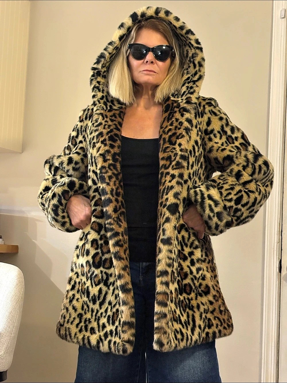 Pamela McCoy Tiger Mist Pile Coat Leopard Hooded Coat Brown Black Like New